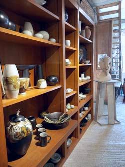 shelves with pottery